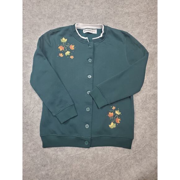 Women's Speculation Small Green Fall Leaf Embroidered Button Up Sweatshirt - Picture 1 of 8